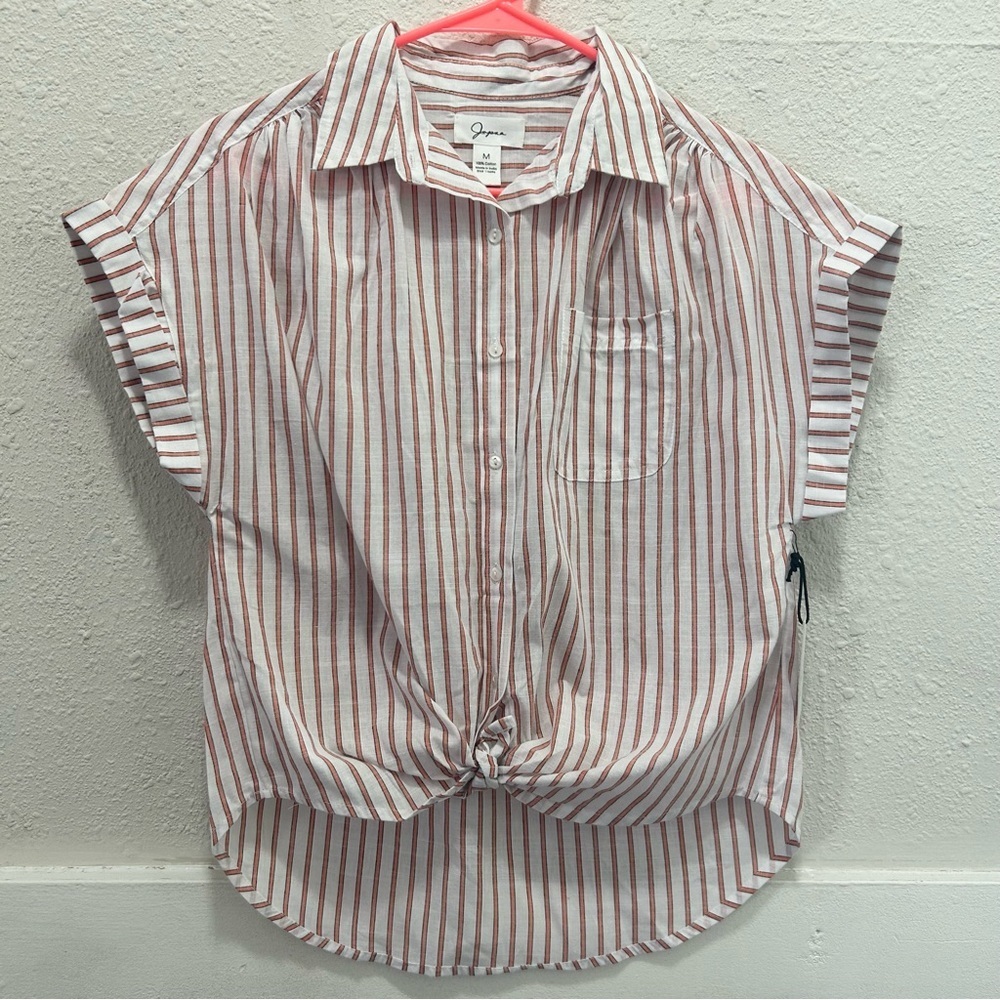 Japna Orange and White Button Down Tie Front Short Sleeve Top NWT M